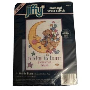 Vtg Jiffy A Star is Born Birth Record X Stitch Kit Moon Stars Teddy Bear 5"x7"